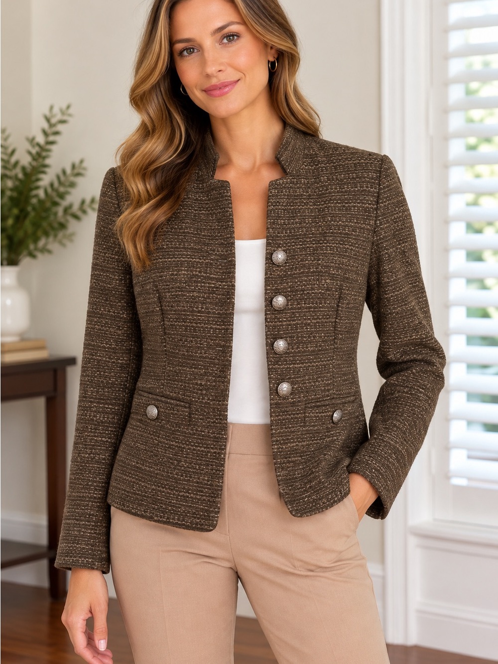 Coldwater Creek Olive Green Tweed Button-Front Blazer